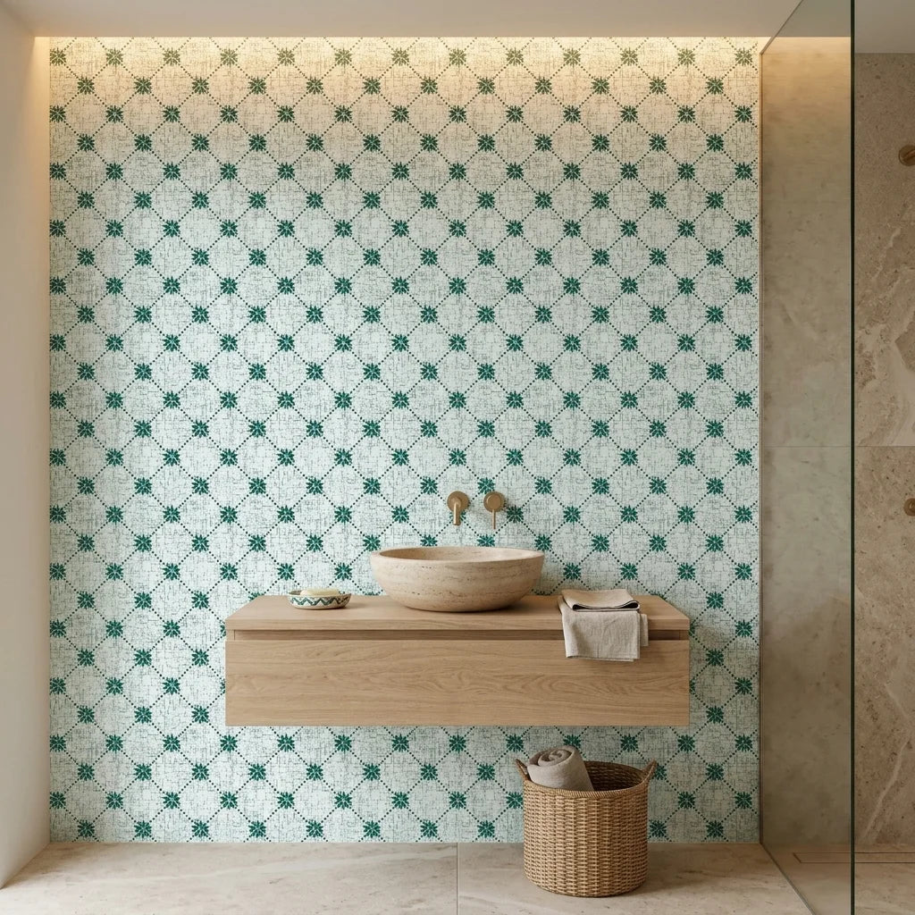 Shadow Garden green floral peel and stick wallpaper creating ambiance in a serene bathroom