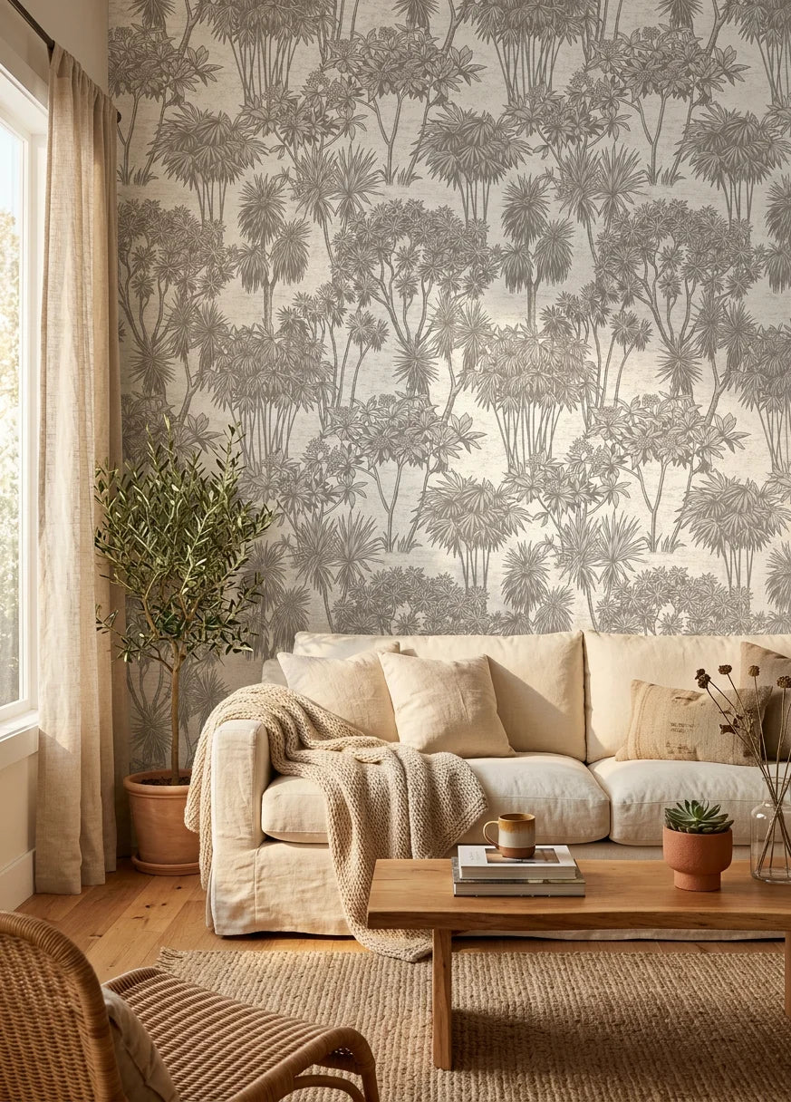 Shadow Grove dark tree wallpaper in a warm and inviting living room