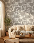 Shadow Grove dark tree wallpaper in a warm and inviting living room