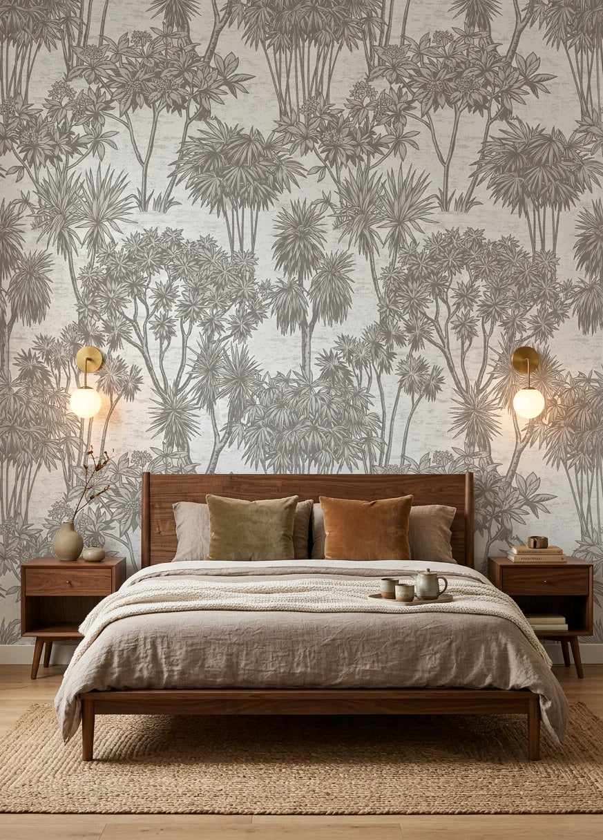 Shadow Grove dark tree wallpaper adding character to a cozy bedroom