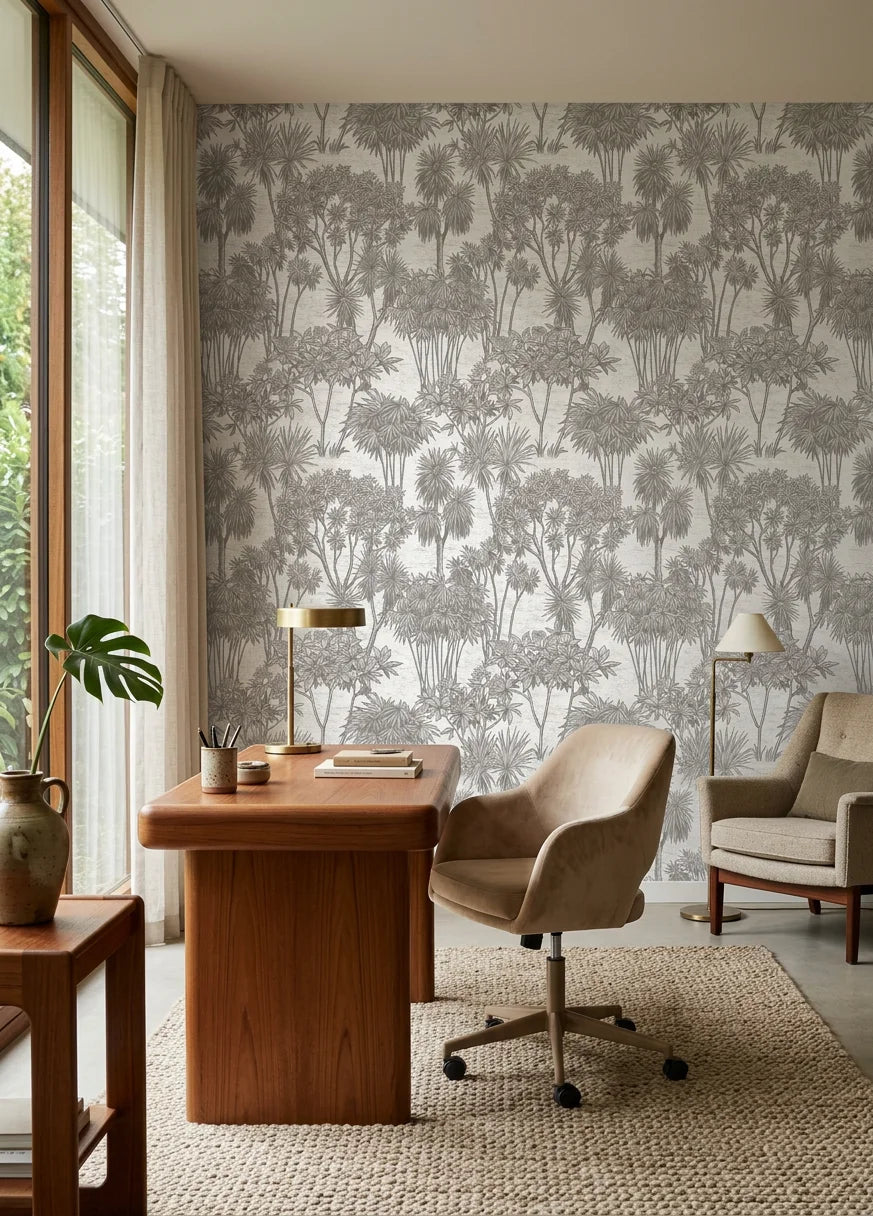 Shadow Grove dark tree wallpaper as a feature wall in a bright home office