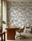 Shadow Grove dark tree wallpaper as a feature wall in a bright home office