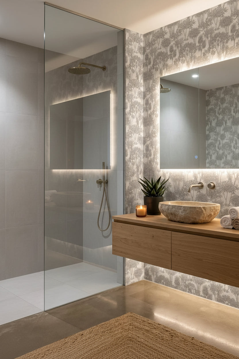 Shadow Grove dark tree wallpaper creating ambiance in a serene bathroom