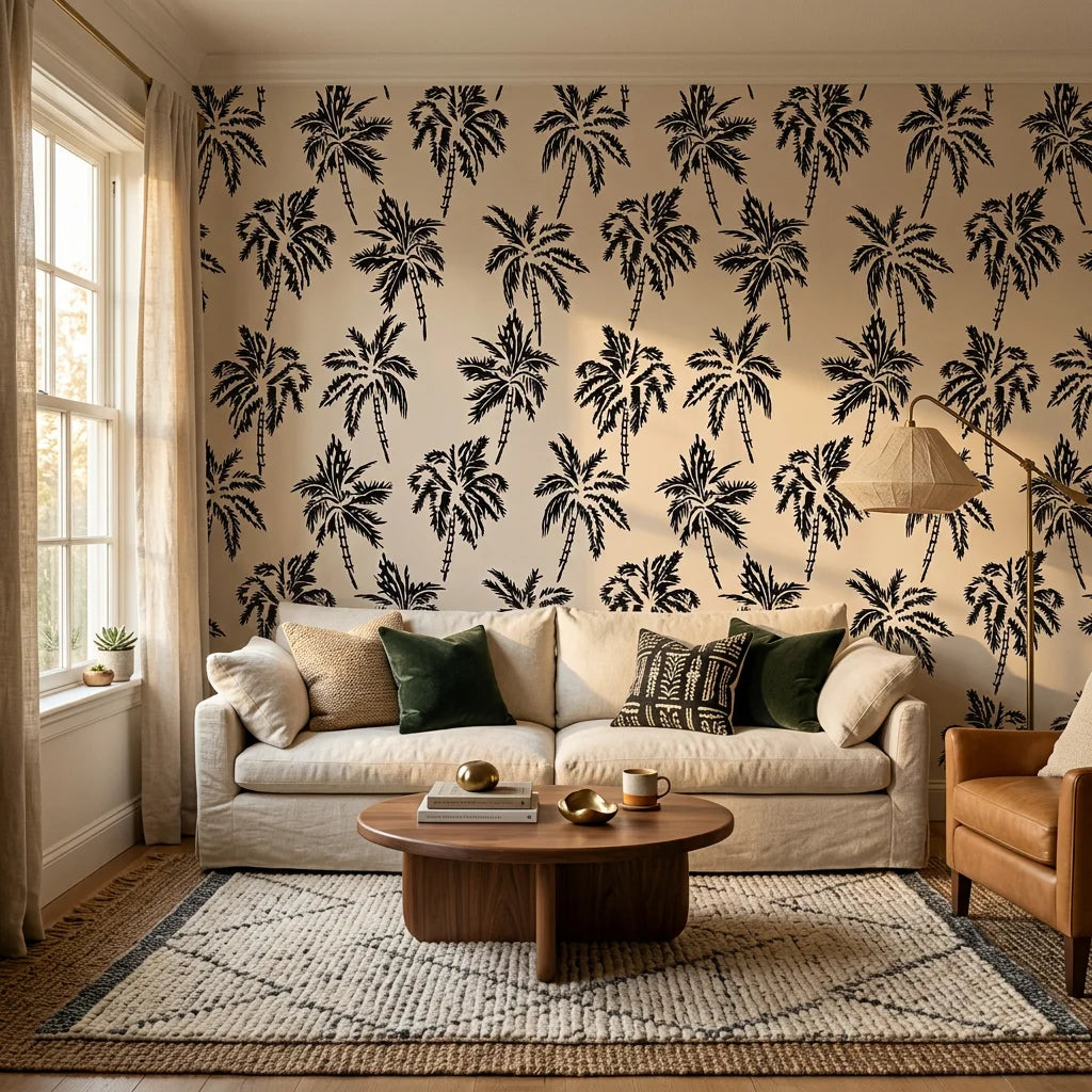 Shadow Isles dark island wallpaper in a warm and inviting living room
