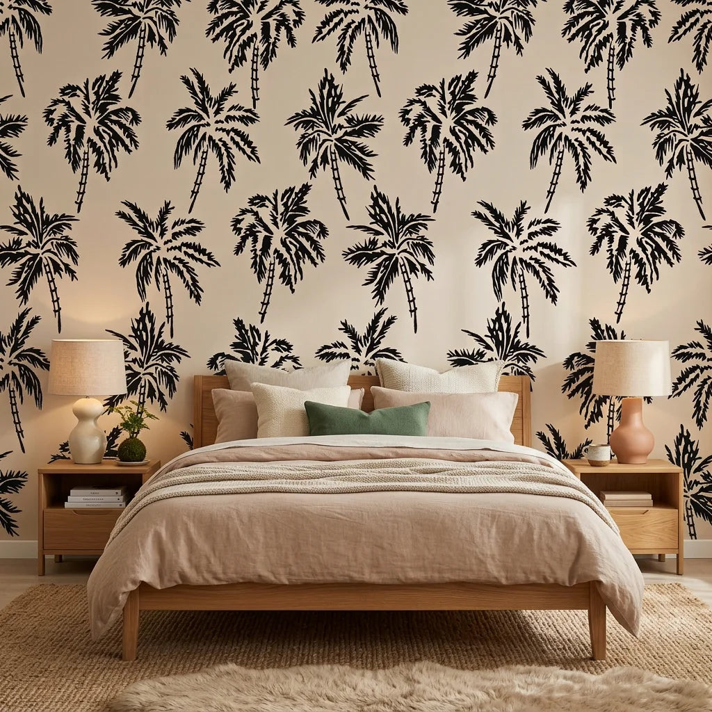 Shadow Isles dark island wallpaper adding character to a cozy bedroom