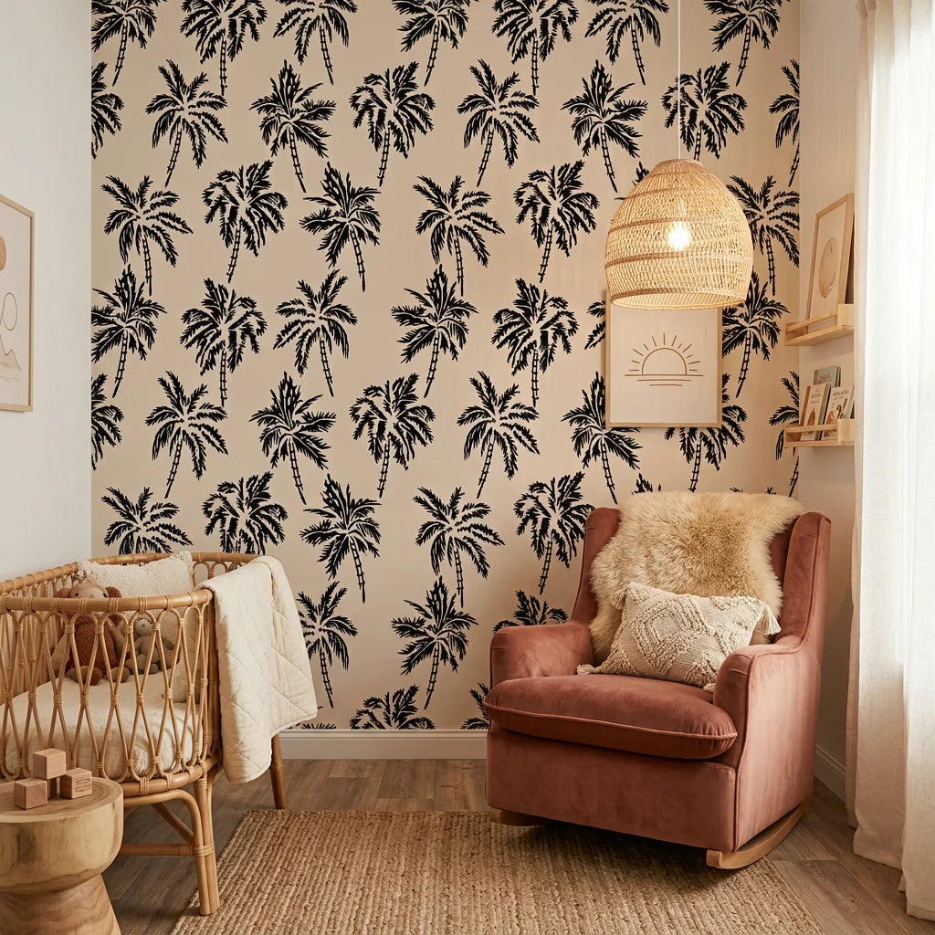 Shadow Isles dark island wallpaper as a feature wall in a bright home office