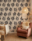 Shadow Isles dark island wallpaper as a feature wall in a bright home office