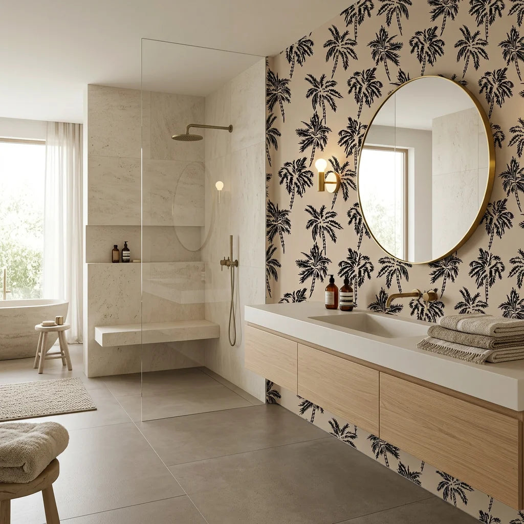 Shadow Isles dark island wallpaper creating ambiance in a serene bathroom