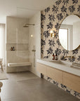 Shadow Isles dark island wallpaper creating ambiance in a serene bathroom