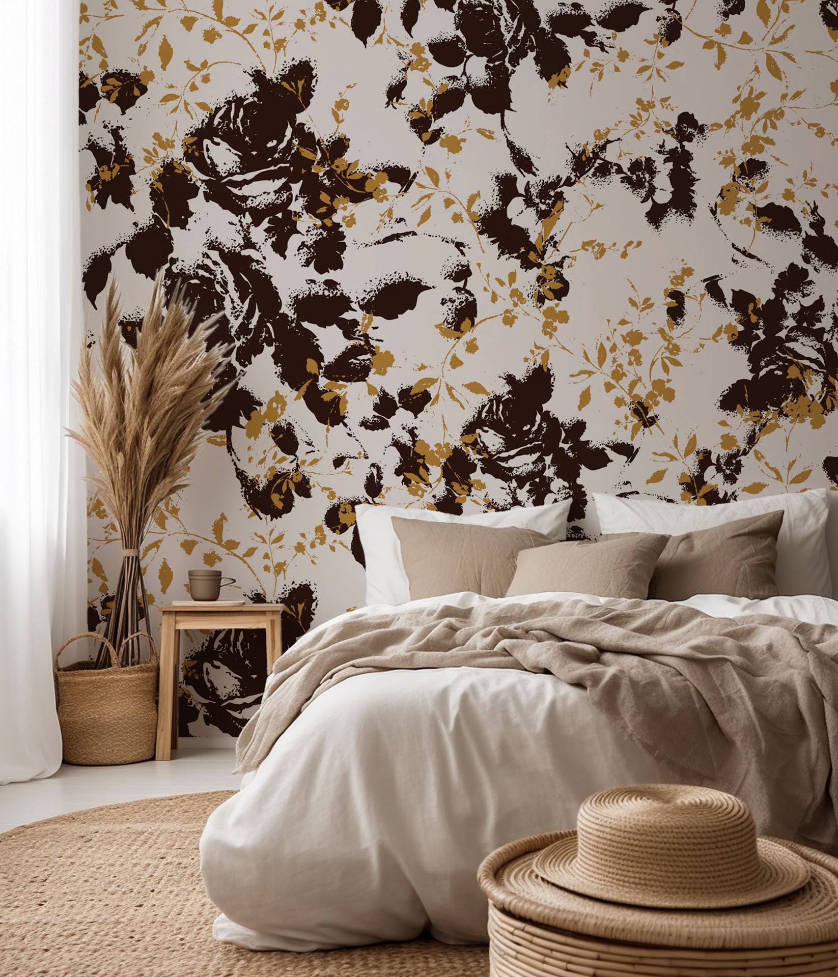Peel and stick removable wallpaper featuring a distressed botanical shadow pattern in black and brown colors, from the Shadow Luxe line