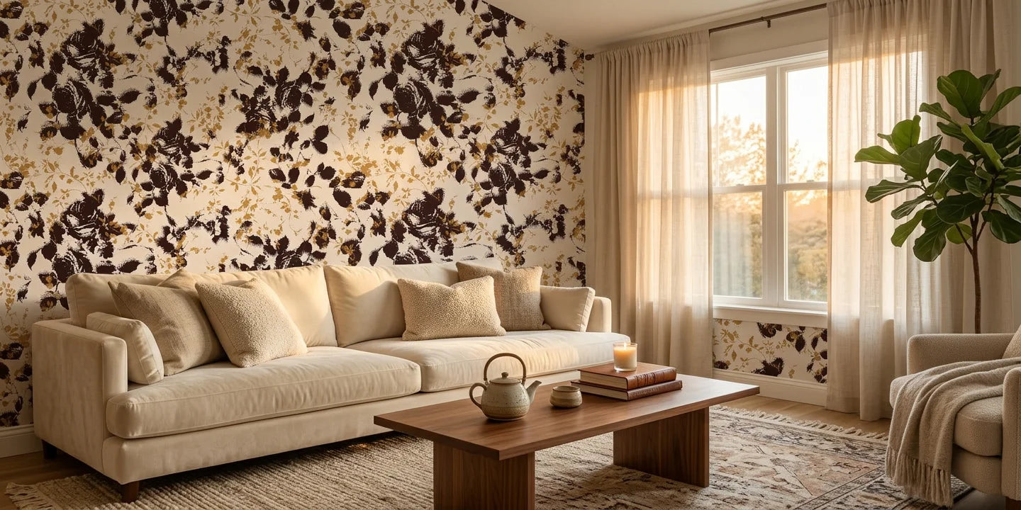 Shadow Luxe cream and brown distressed floral silhouette wallpaper in a warm and inviting living room