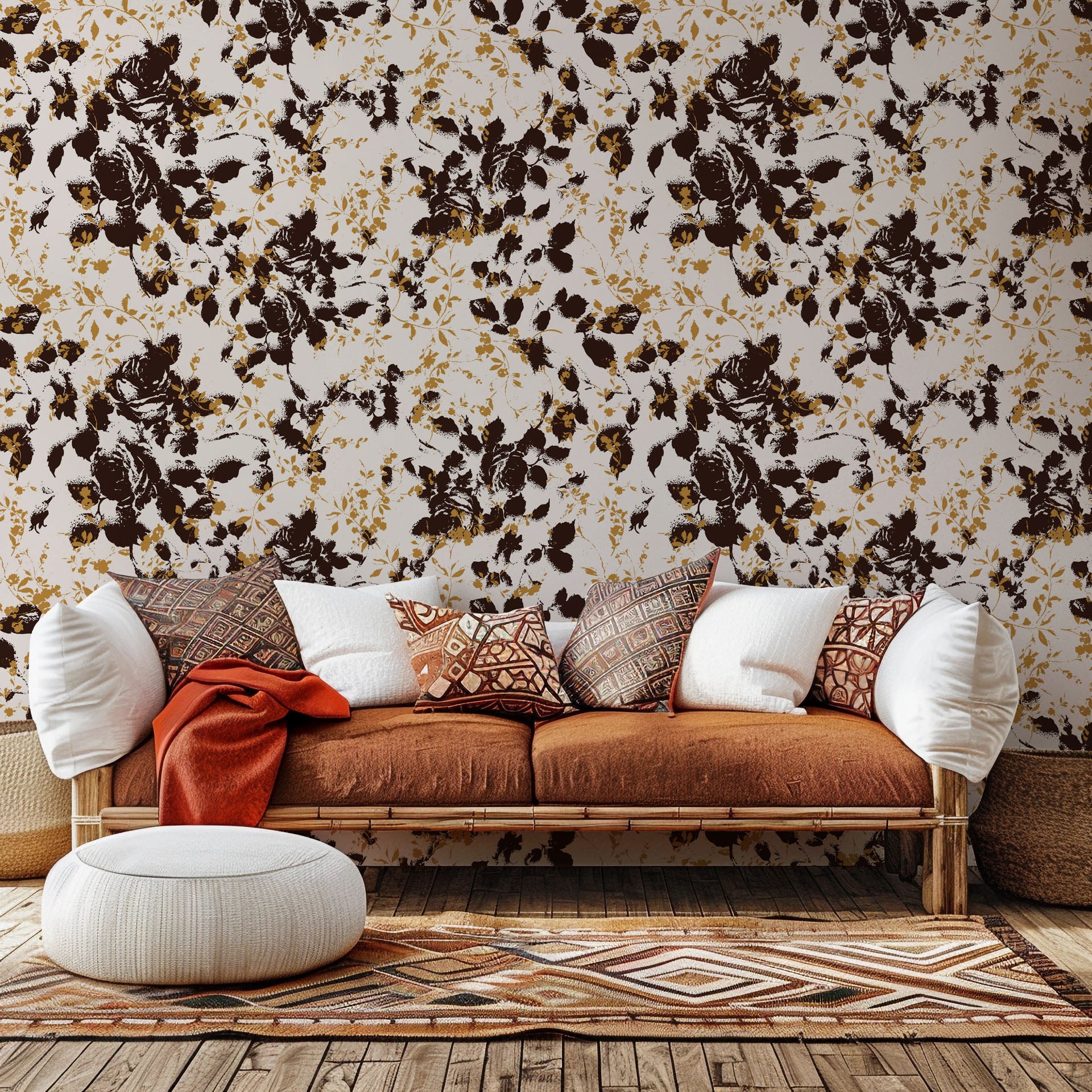 Distressed black and brown floral silhouette peel and stick wallpaper - Shadow Luxe