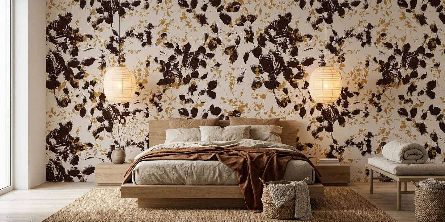 Shadow Luxe cream and brown distressed floral silhouette wallpaper adding character to a cozy bedroom