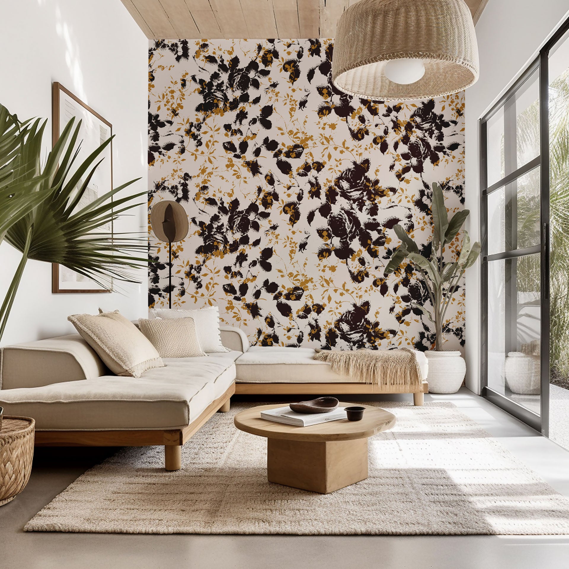 Self-adhesive wallpaper featuring a distressed brown and black floral shadow design (Shadow Luxe)