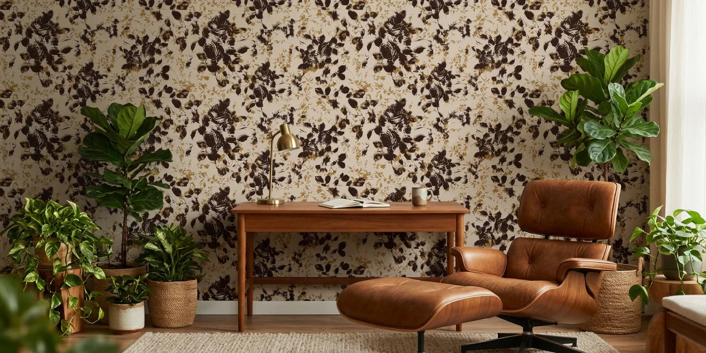 Shadow Luxe cream and brown distressed floral silhouette wallpaper as a feature wall in a bright home office