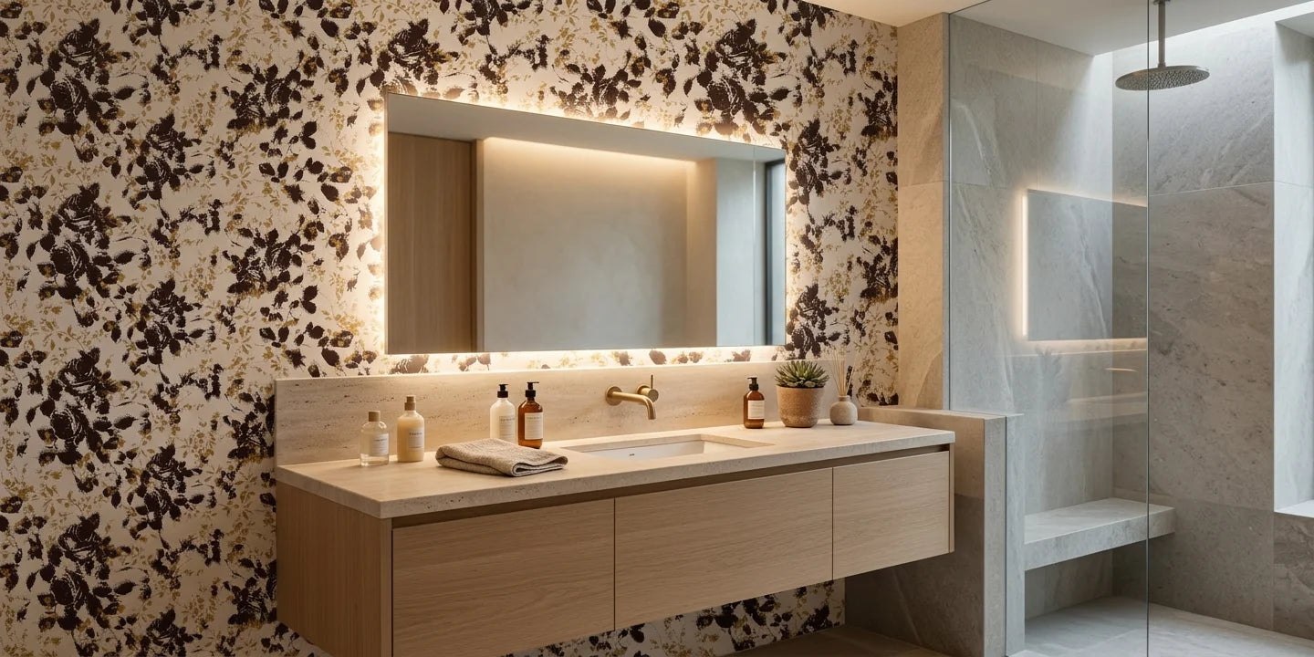 Shadow Luxe cream and brown distressed floral silhouette wallpaper creating ambiance in a serene bathroom