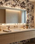 Shadow Luxe cream and brown distressed floral silhouette wallpaper creating ambiance in a serene bathroom