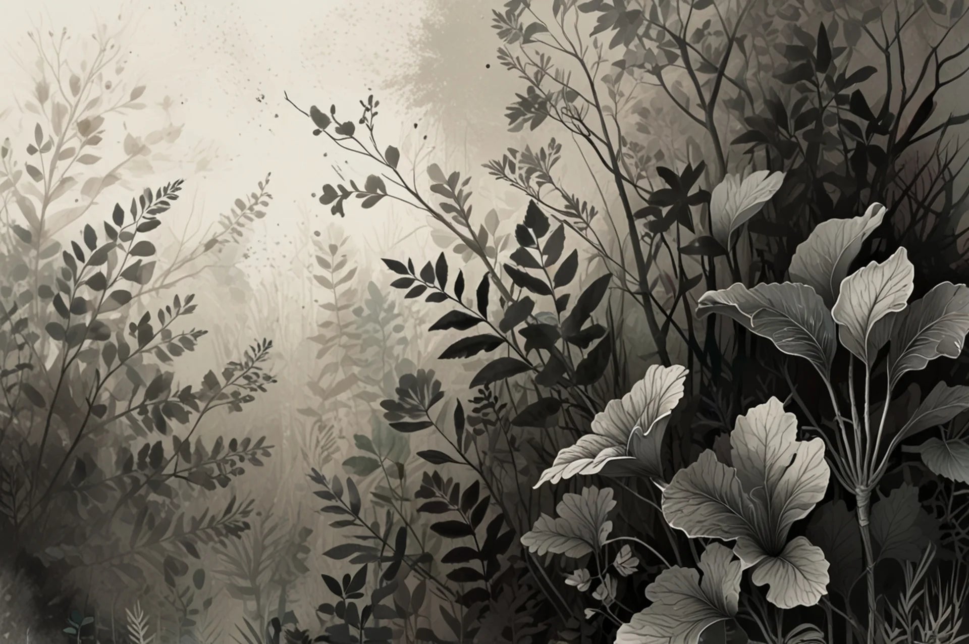 Moody Shadow Meadow wallpaper featuring monochrome botanical silhouettes in misty charcoal tones