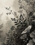 Moody Shadow Meadow wallpaper featuring monochrome botanical silhouettes in misty charcoal tones