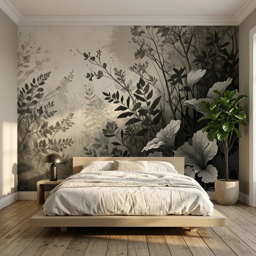 Monochromatic Shadow Meadow botanical wallpaper with layered gray and black foliage in modern bedroom setting