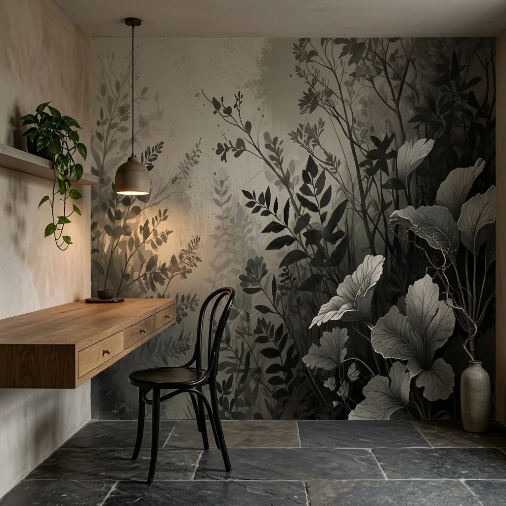 Monochromatic Shadow Meadow wallpaper with layered botanical silhouettes in charcoal and cream tones on dining room wall