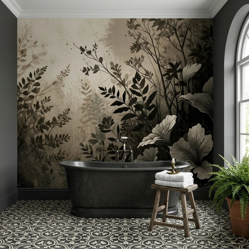Shadow Meadow botanical wallpaper with sepia-toned leaves and branches in modern bathroom setting