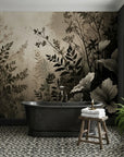 Shadow Meadow botanical wallpaper with sepia-toned leaves and branches in modern bathroom setting