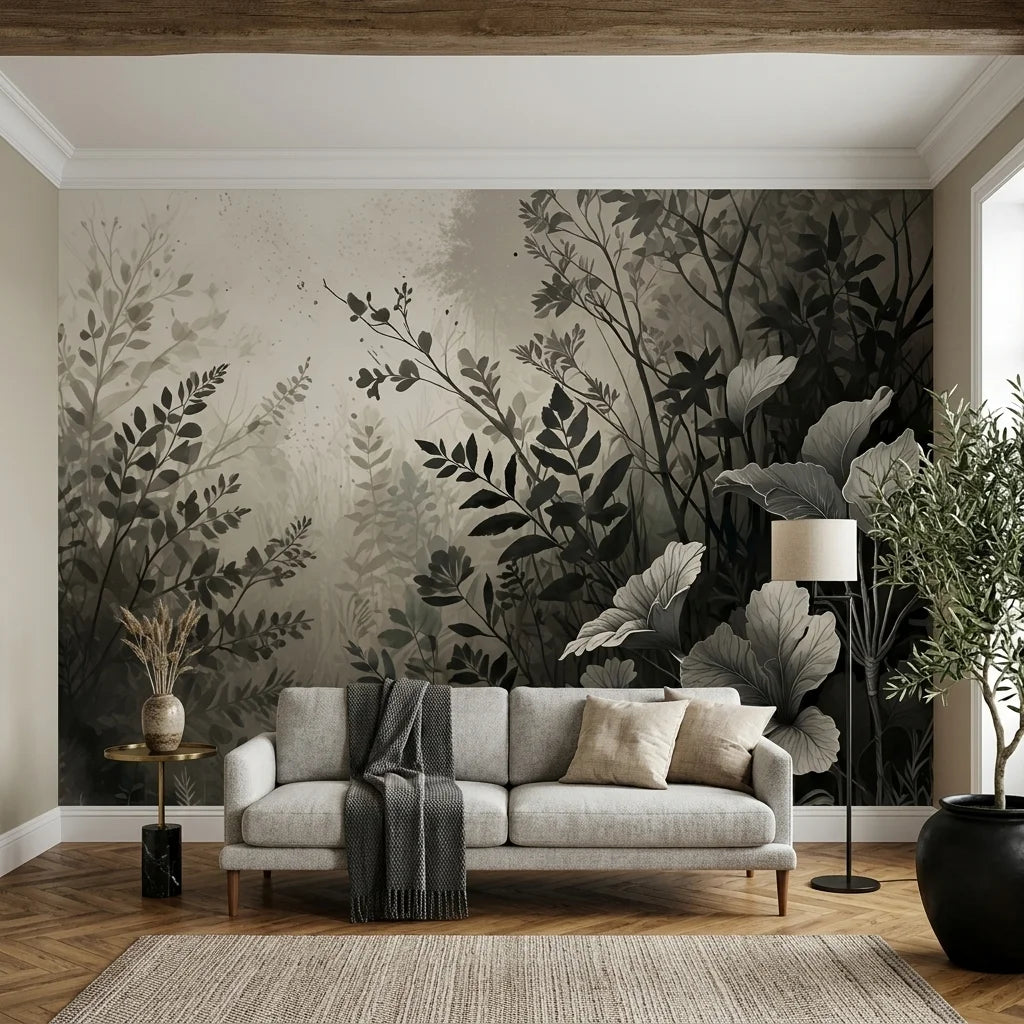Monochromatic Shadow Meadow botanical wallpaper featuring gray and black leaves on living room accent wall