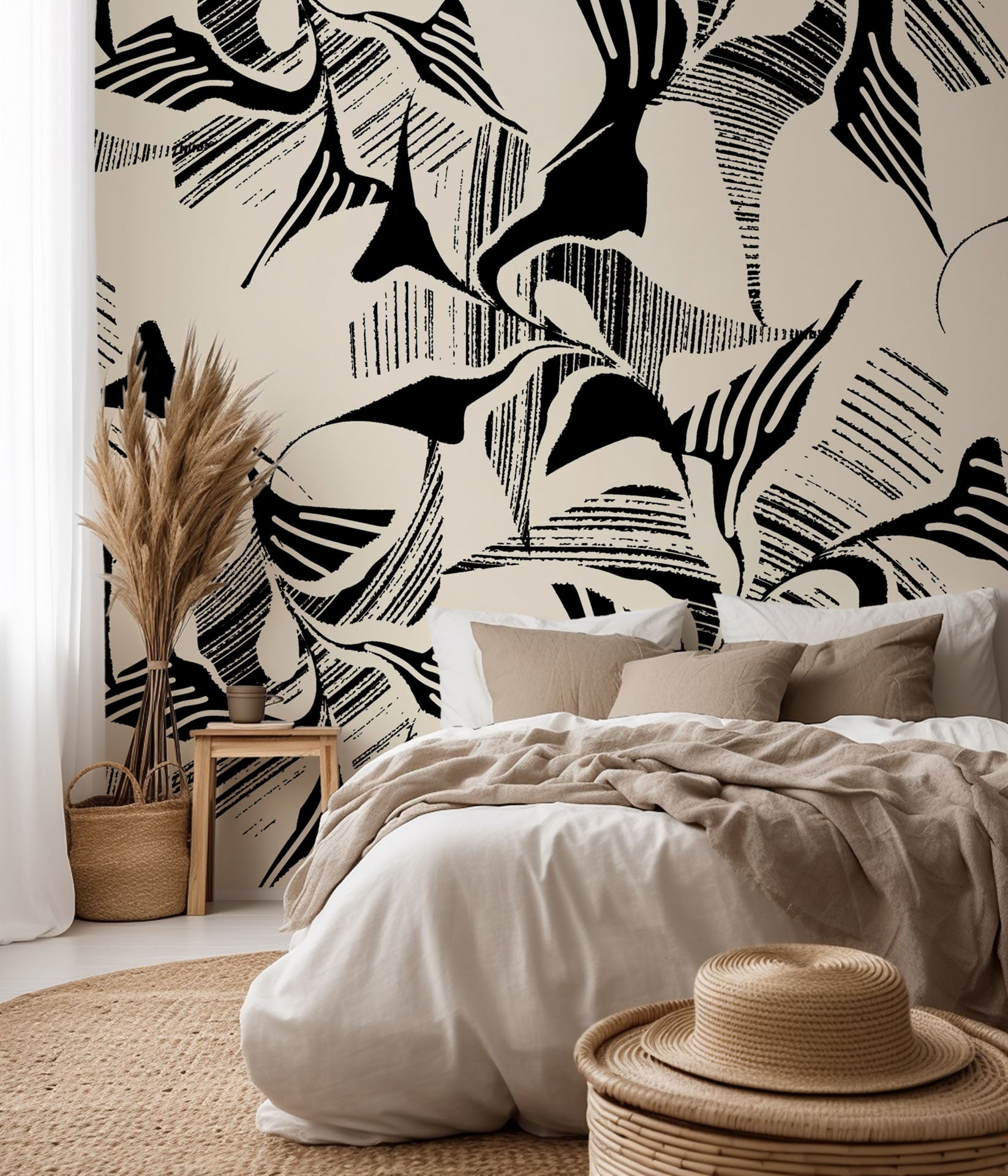 Self-adhesive, removable wallpaper featuring an abstract, monochrome, geometric brushstroke pattern