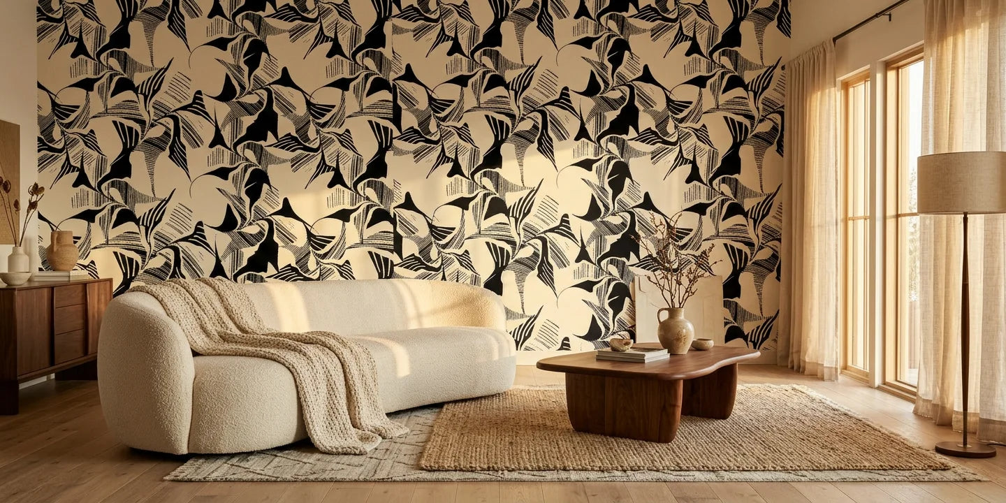 Shadow Strokes black and cream abstract geometric brush stroke wallpaper in a warm and inviting living room