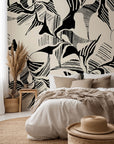Self-adhesive, removable wallpaper featuring an abstract, monochrome, geometric brushstroke pattern