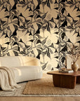 Shadow Strokes black and cream abstract geometric brush stroke wallpaper in a warm and inviting living room