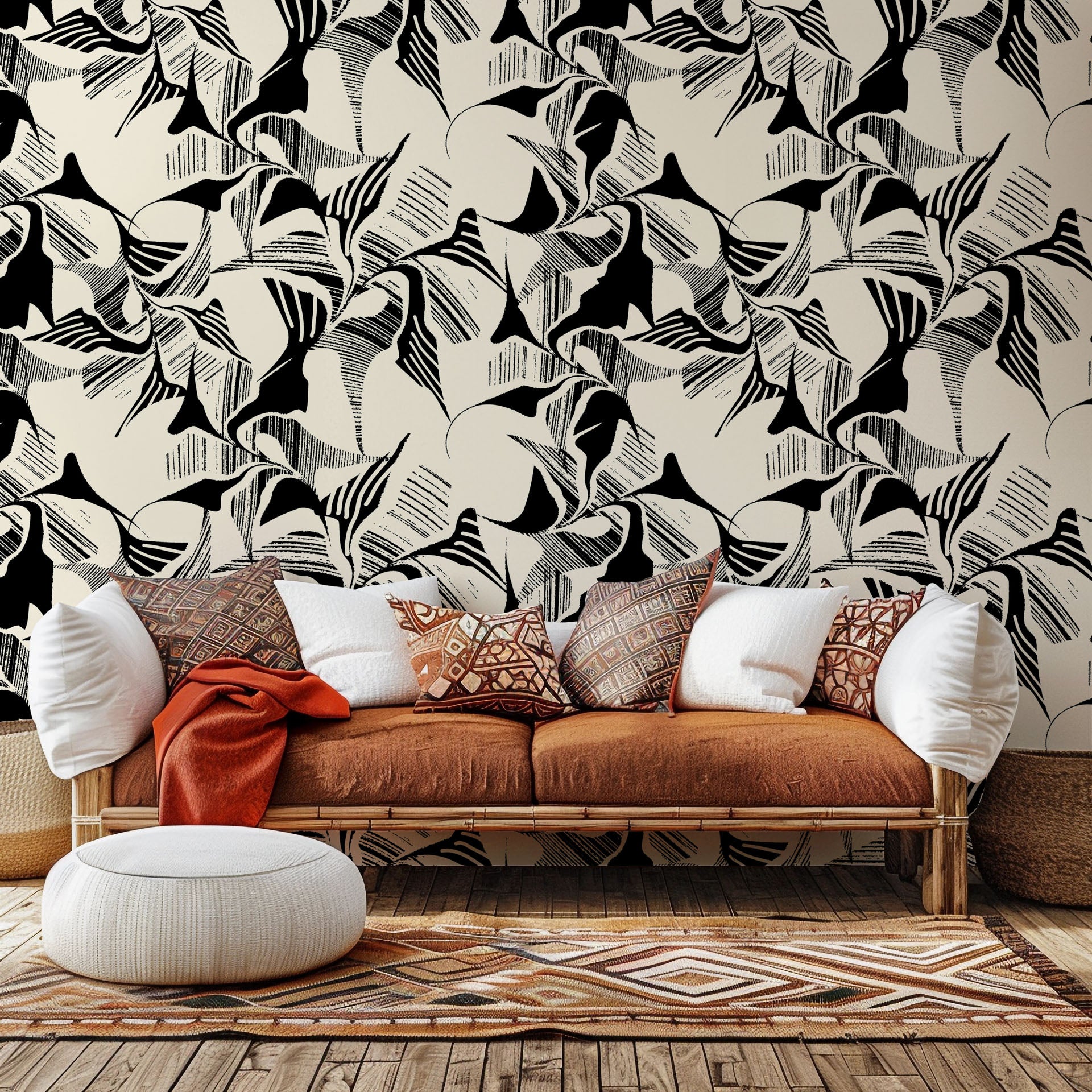 Self-adhesive wallpaper featuring an abstract, monochromatic, brushstroke-style geometric pattern, titled "Shadow Strokes"