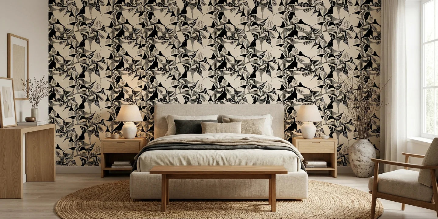 Shadow Strokes black and cream abstract geometric brush stroke wallpaper adding character to a cozy bedroom