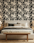 Shadow Strokes black and cream abstract geometric brush stroke wallpaper adding character to a cozy bedroom