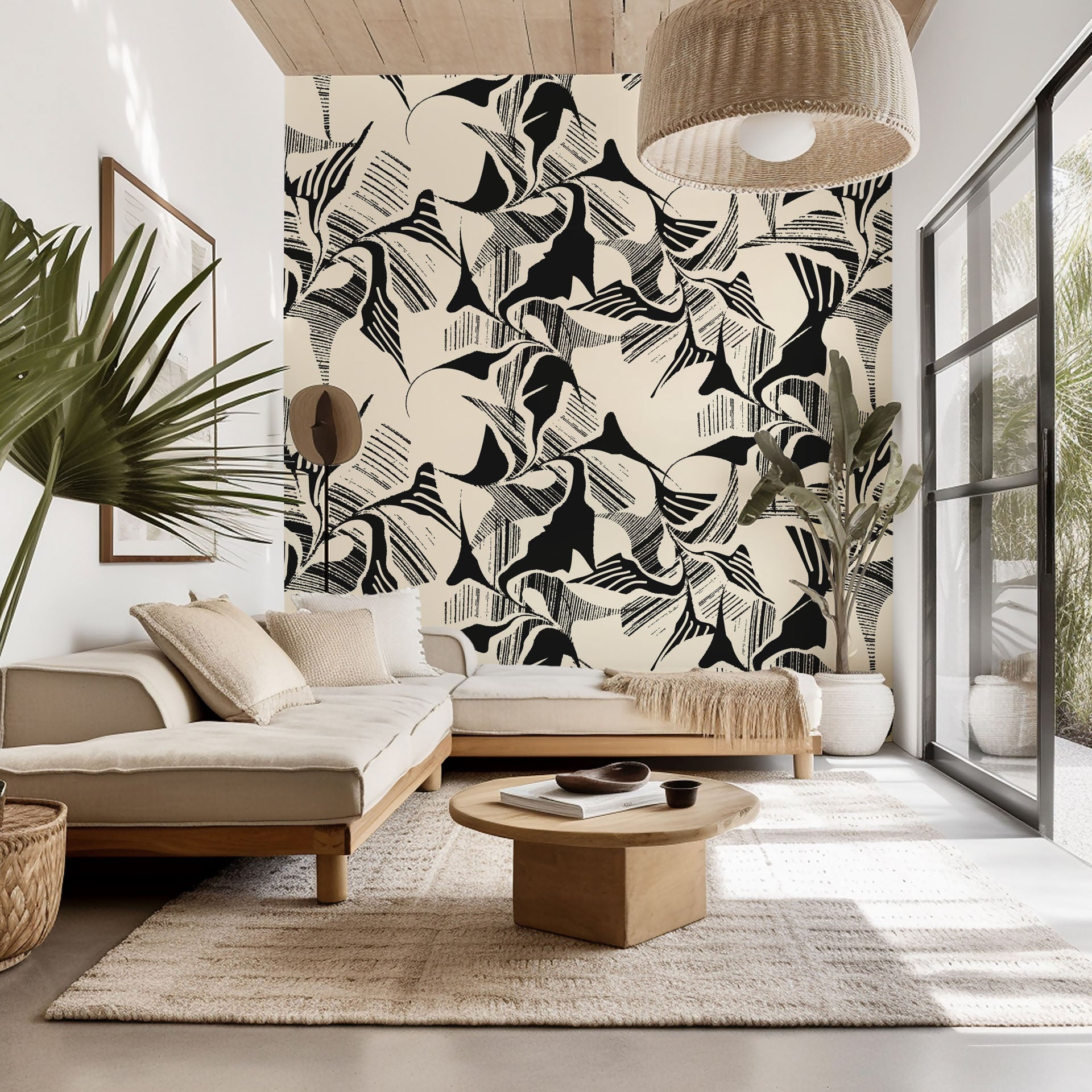 Monochrome conceptual wall covering featuring geometric shapes created by expressive brushstrokes Shadow Strokes
