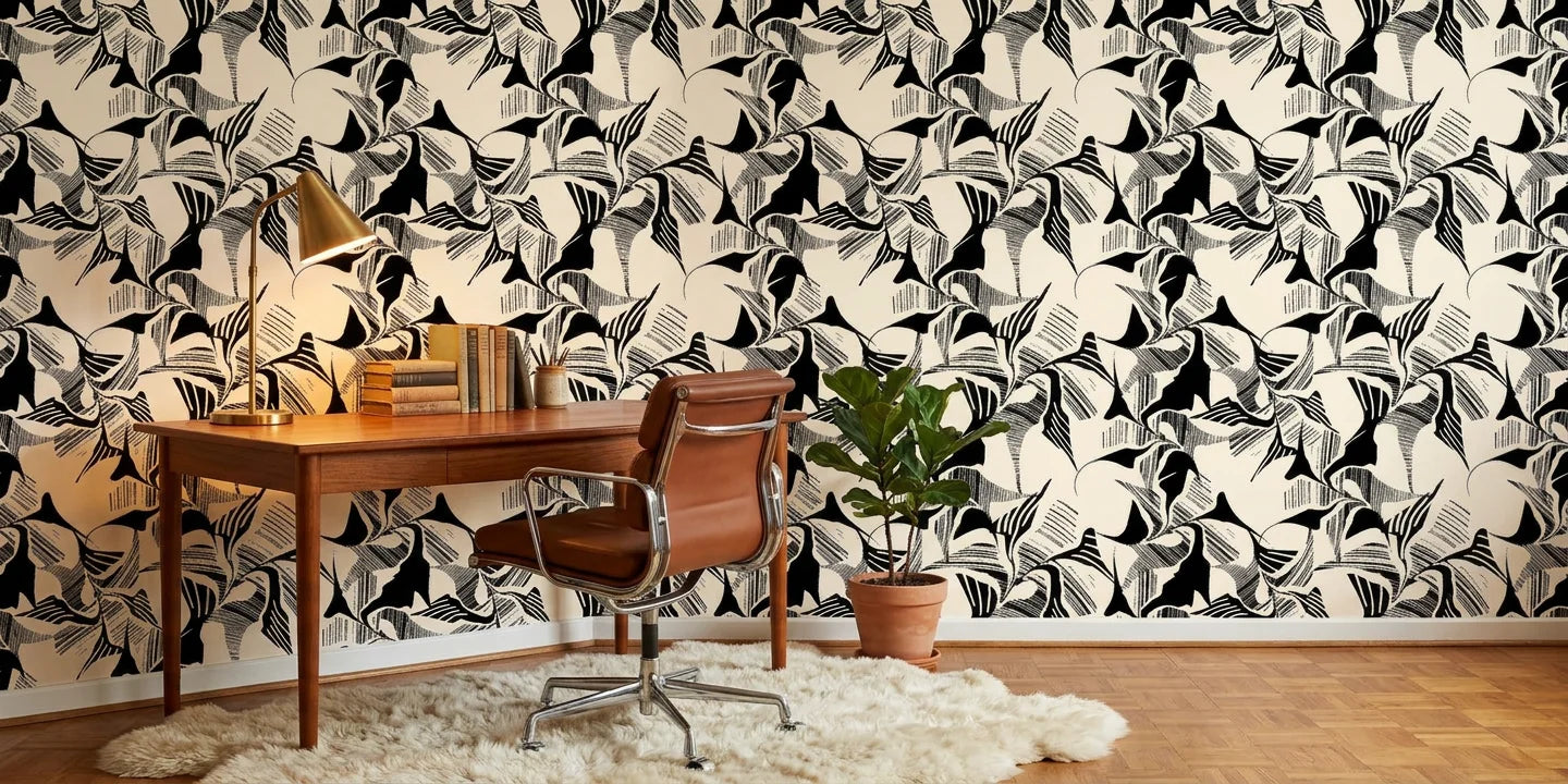 Shadow Strokes black and cream abstract geometric brush stroke wallpaper as a feature wall in a bright home office