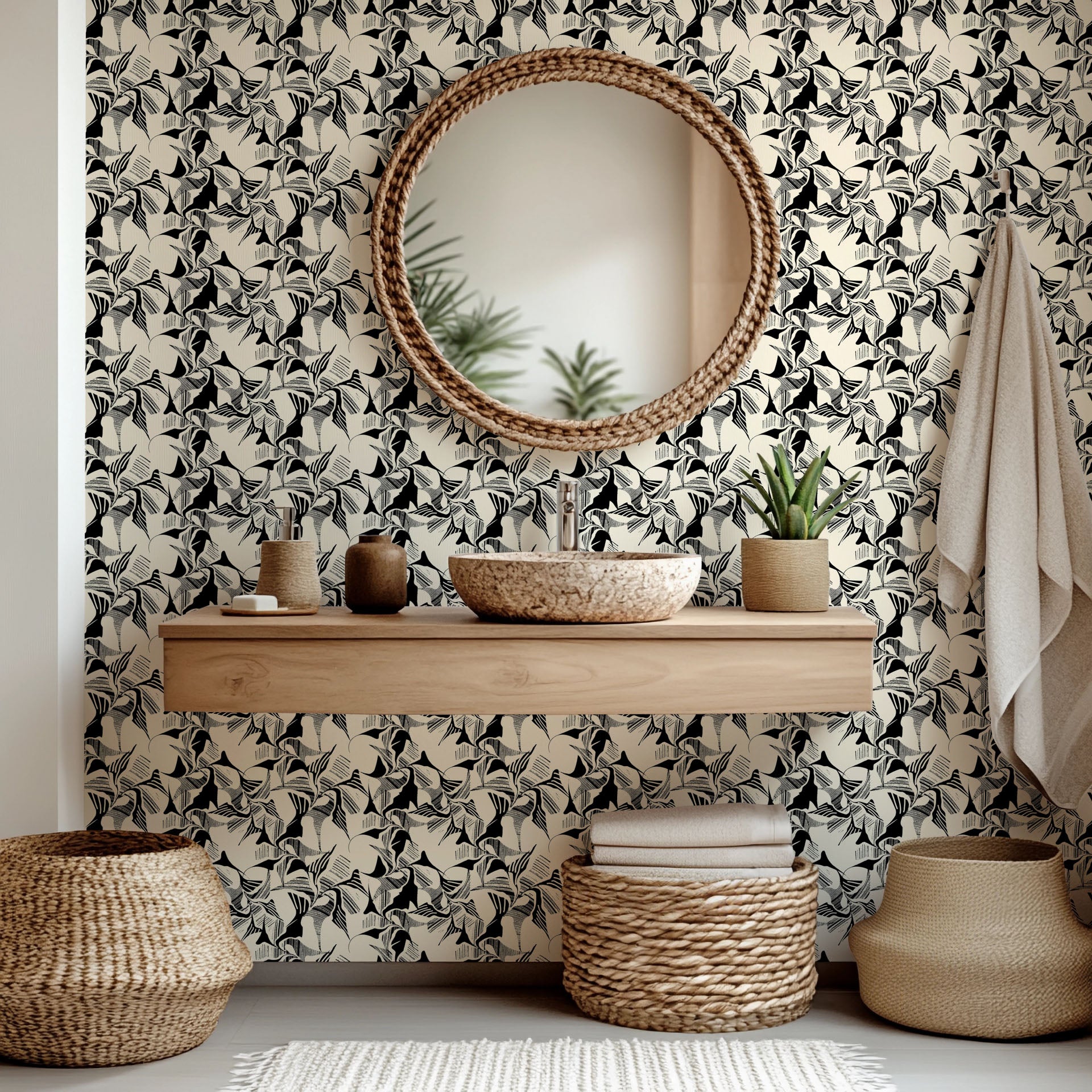 Monochrome self-adhesive wall covering featuring an abstract geometric brushstroke design, known as 'Shadow Strokes'