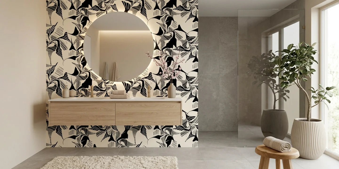 Shadow Strokes black and cream abstract geometric brush stroke wallpaper creating ambiance in a serene bathroom