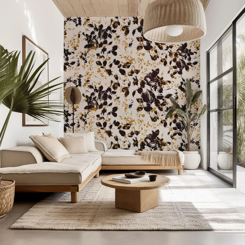 Self-adhesive wallpaper featuring a distressed brown and black floral shadow design (Shadow Luxe)