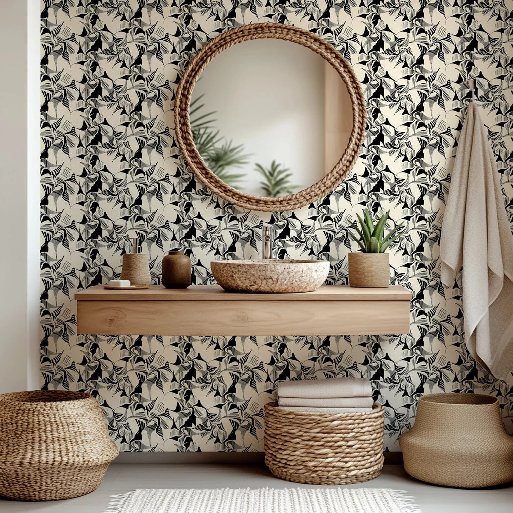 Monochrome self-adhesive wall covering featuring an abstract geometric brushstroke design, known as 'Shadow Strokes'