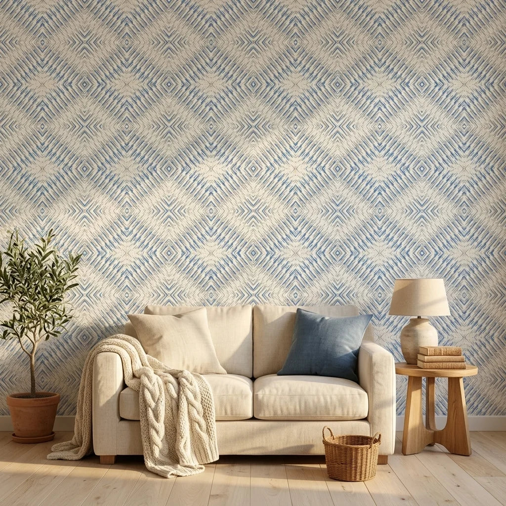 Shifting Current blue geometric peel and stick wallpaper in a warm and inviting living room