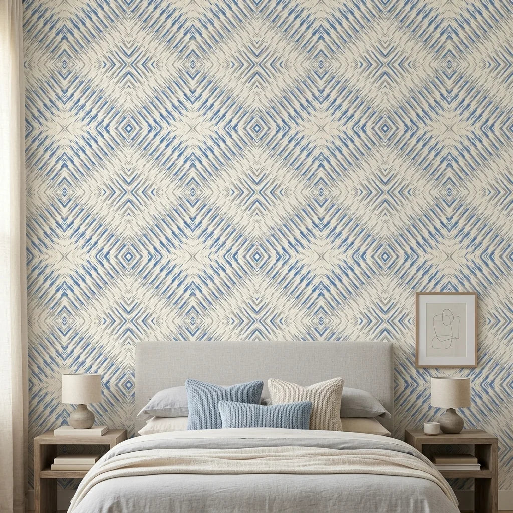Shifting Current blue geometric peel and stick wallpaper adding character to a cozy bedroom
