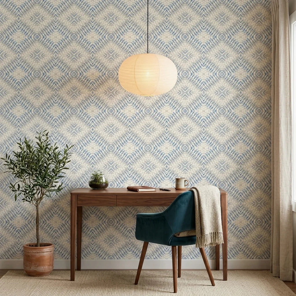 Shifting Current blue geometric peel and stick wallpaper as a feature wall in a bright home office