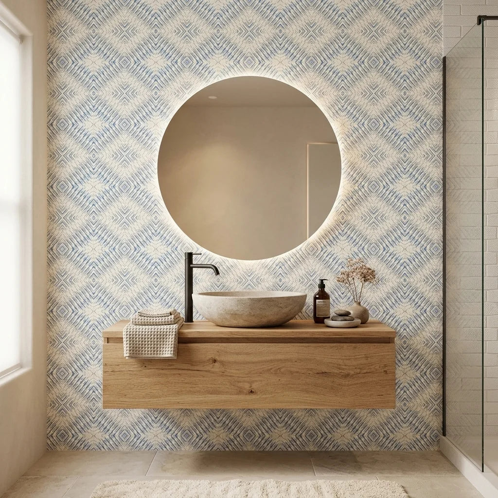 Shifting Current blue geometric peel and stick wallpaper creating ambiance in a serene bathroom