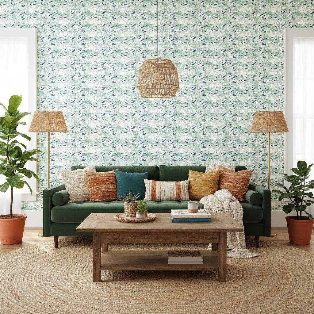 Shoal Drift serene coastal blue fish wallpaper in a warm and inviting living room
