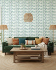 Shoal Drift serene coastal blue fish wallpaper in a warm and inviting living room