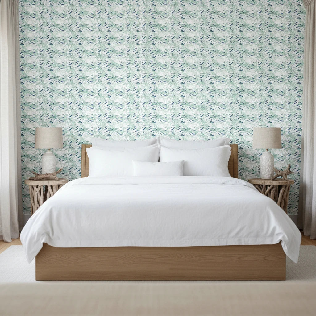 Shoal Drift serene coastal blue fish wallpaper adding character to a cozy bedroom
