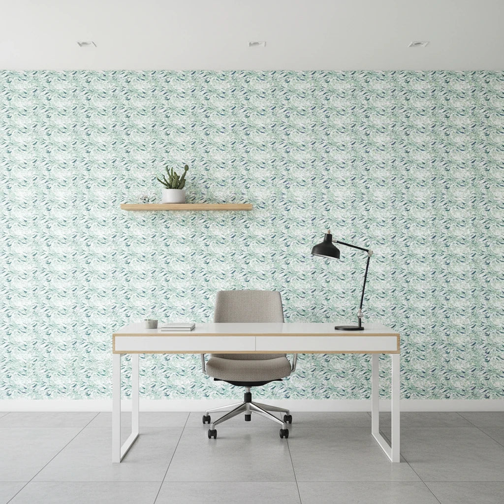 Shoal Drift serene coastal blue fish wallpaper as a feature wall in a bright home office