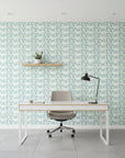 Shoal Drift serene coastal blue fish wallpaper as a feature wall in a bright home office